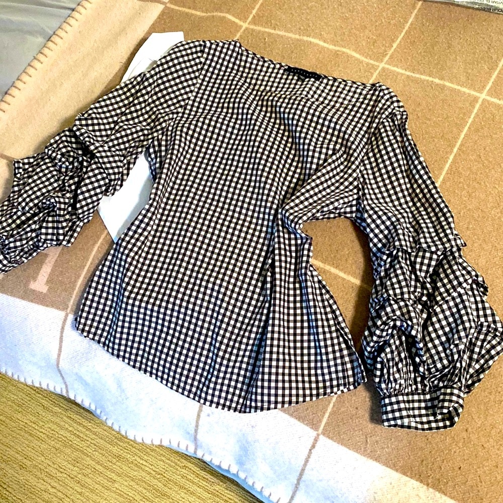 Sanctuary - gingham blouse top with ruched puff sleeves XS/S 3/4 sleeves